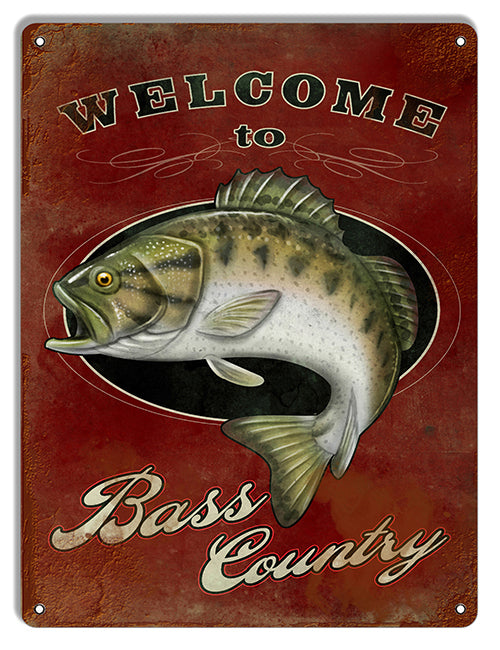 Welcome To Bass Country Fishing Sportsman Metal Sign 9"x12"