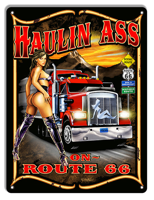 Haulin Ass On Route 66 Metal Sign 9"x12"