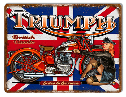 Triumph British Cruiser Pin Up Girl Metal Sign 9"x12"