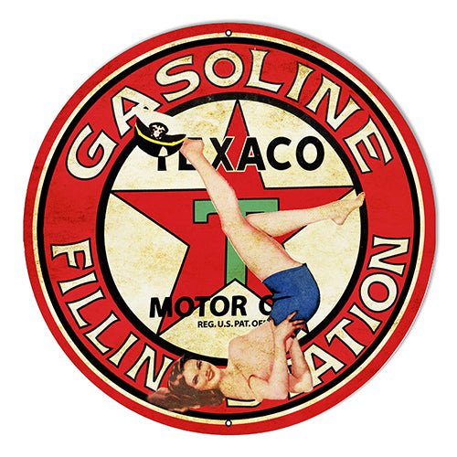 Texaco Gasoline Filling Station Pin Up Girl Metal Sign 10" Round