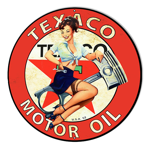 Texaco Motor Oil Pin Up Girl Metal Sign 10" Round