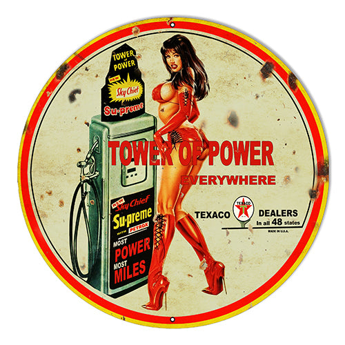 Texaco Tower Of Power Pin Up Metal Sign 10" Round