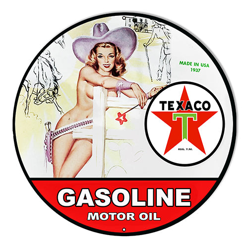 Texaco Gasoline Motor Oil Pin Up Metal Sign 10" Round