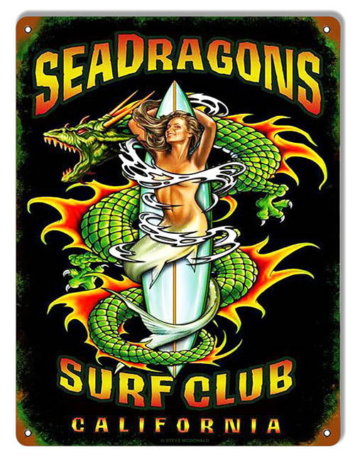 Sea Dragons Surf Club Metal Sign 9"x12"