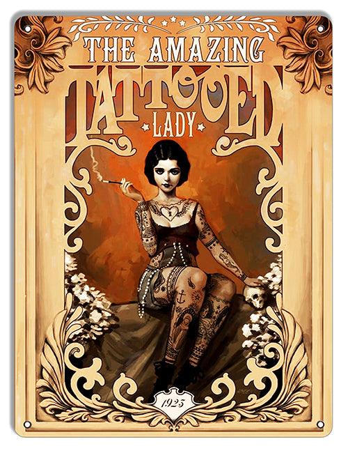 The Amazing Tattooed Lady Metal Sign 9"x12"