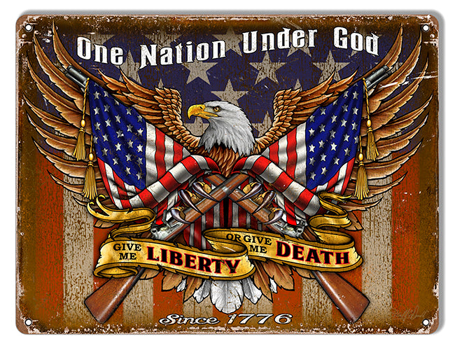 One Nation Under God, Liberty & Death Metal Sign 9"x12"